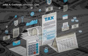 Tax Planning for Consistency. A blue, white, and black graphic of the word TAX and a calculator and calendar.
