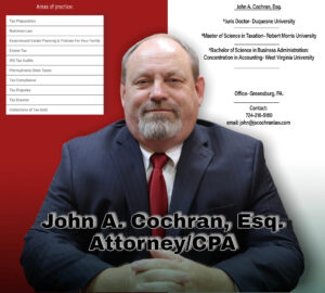 What makes a great estate attorney? An image of John A. Cochran, Esq sitting at a desk with a red and white background and bio information. 