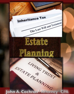 Estate Planning for Your Kids. Image of an Estate Planning book with inheritance tax and living trust forms with bokeh lights in orange and yellow in background.